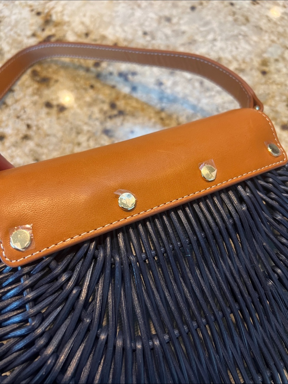 BEAUTIFUL  J. McLaughlin NAVY Wicker Shoulder Bag w brown leather strap - Picture 5 of 11